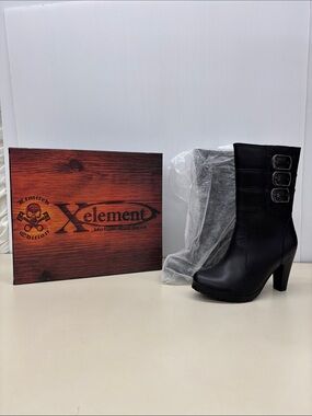 Xelement Black Leather Moto Heeled Boots with Buckle Detail